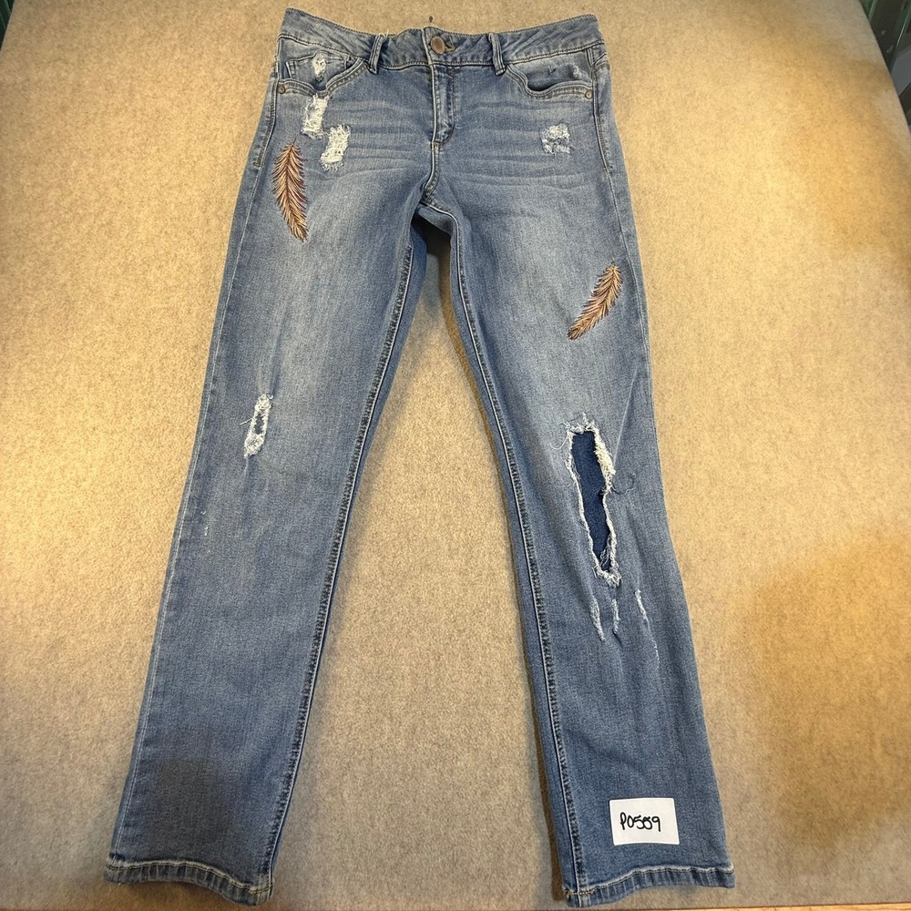 Democracy Girlfriend Jeans Size 12 Distressed Feather Embroidered Medium Wash